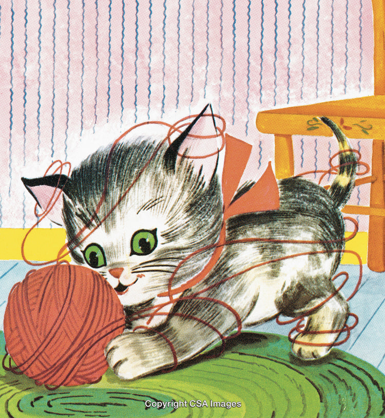 Playful Kitten Entangled in Yarn Ball on a Colorful Carpet