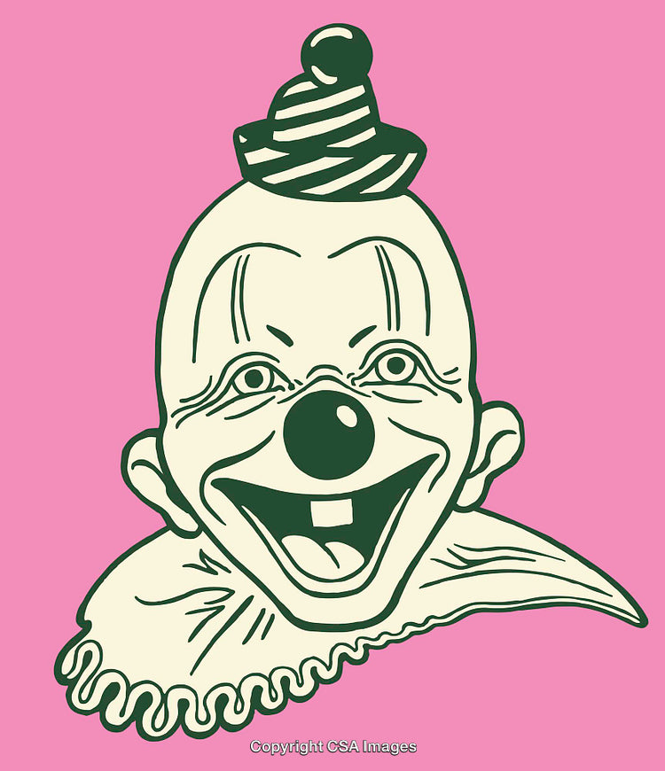 Vintage Clown Graphic on Pink Background with Cheerful Expression