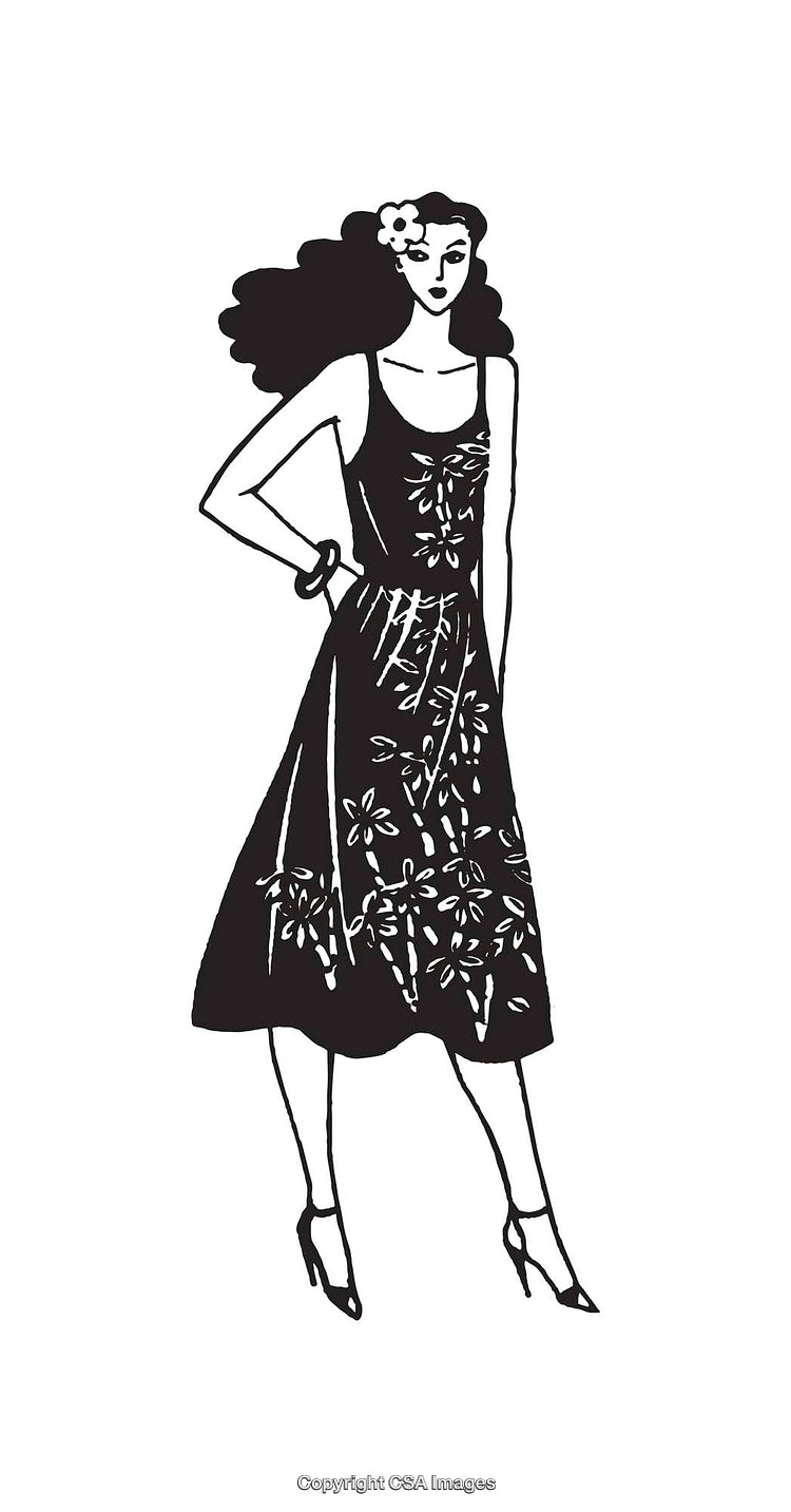 Elegant Woman in Line Art Style Featuring a Floral Dress