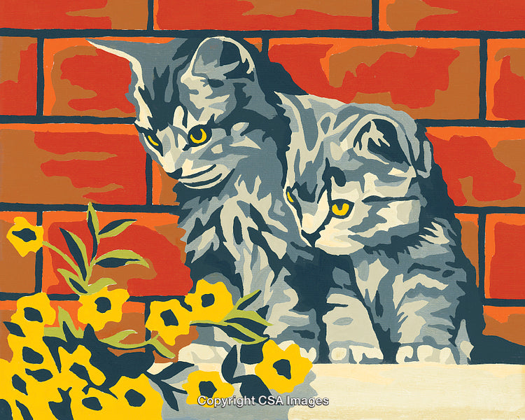 Colorful Cat Illustration with Yellow Flowers and Brick Wall Background