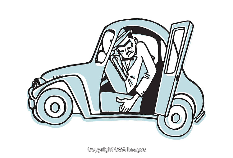 Quirky Illustration of a Man Squeezing Into a Small, Compact Car