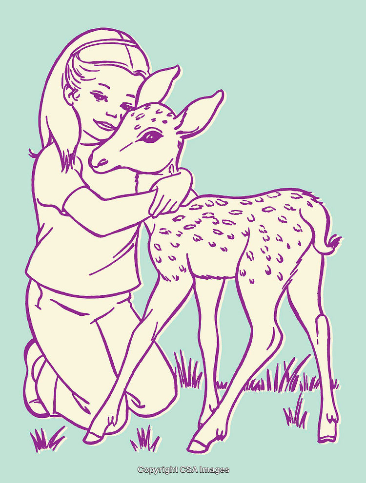 Illustration of a Girl Hugging a Deer in a Natural Setting