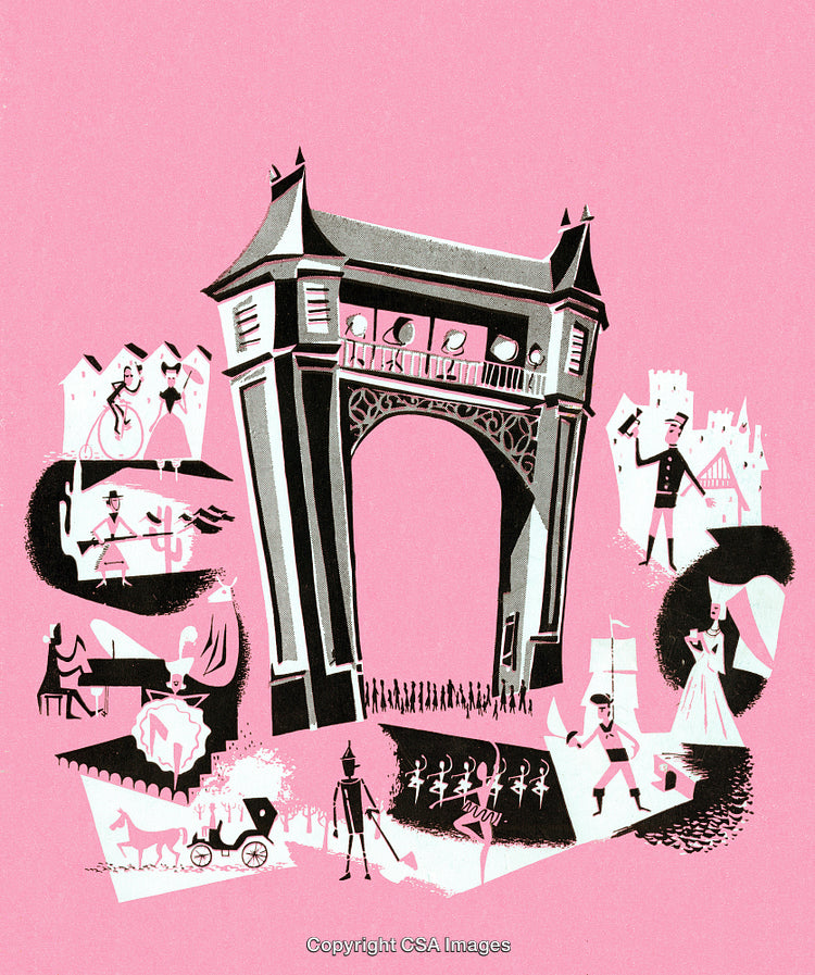 Illustrated Fairytale Scene with Castles, Characters, and a Pink Background
