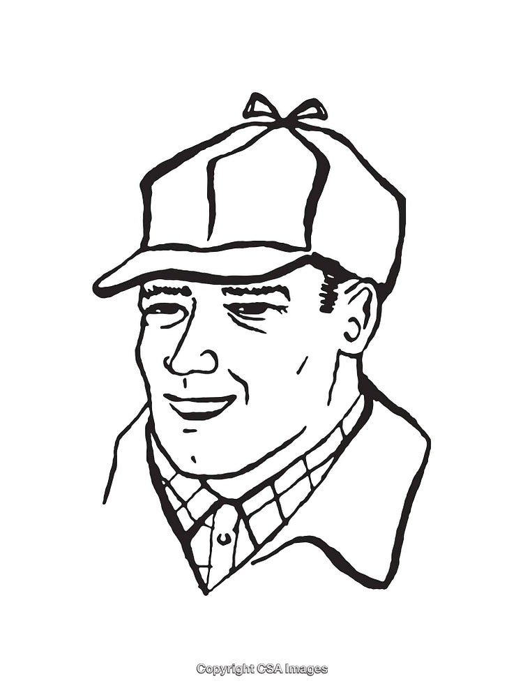 Black and White Line Art of a Smiling Man in a Checkered Shirt and Cap