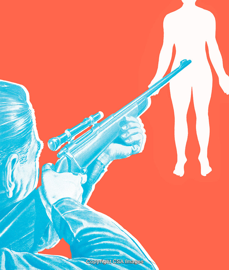 Illustrated Figure Aiming Rifle at Silhouette Target on Bright Background