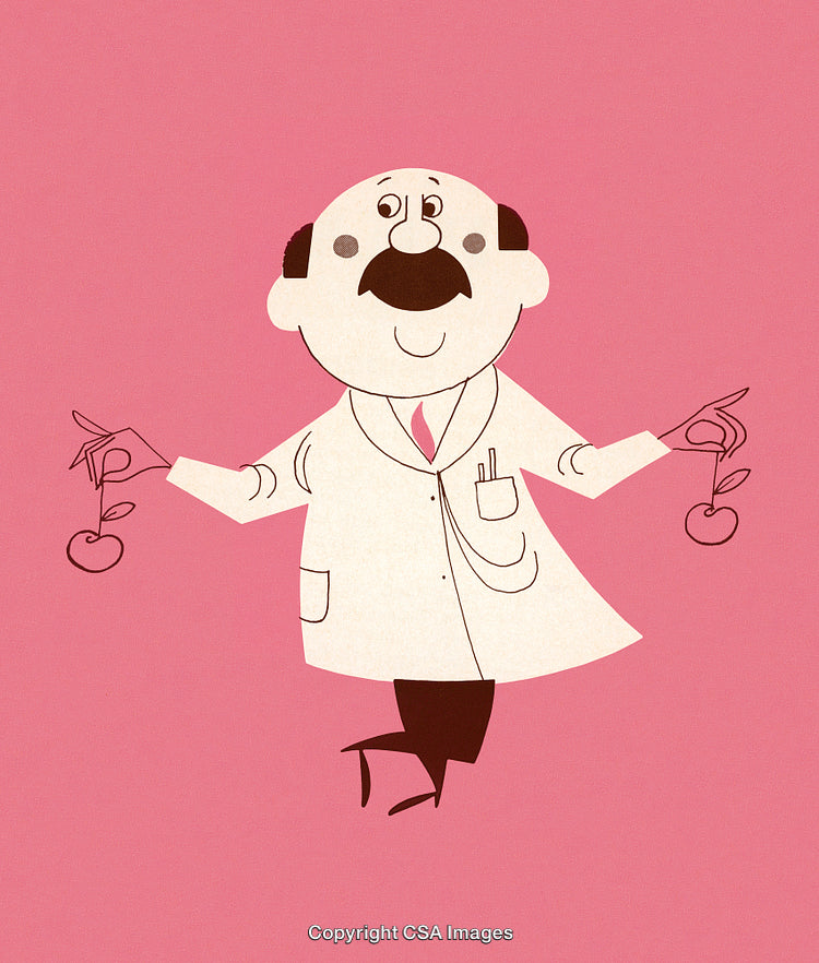 Cartoon Scientist Holding Apples on a Playful Pink Background