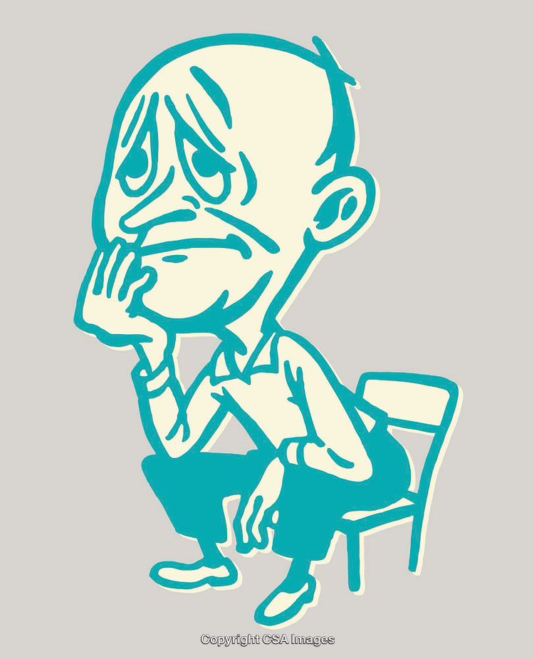 Retro Cartoon Line Art Illustrating a Bald Seated Character in Thought