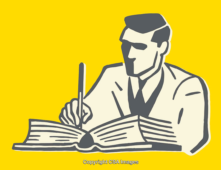 Illustration of a Writer in Vintage Line Art Style on Yellow Background