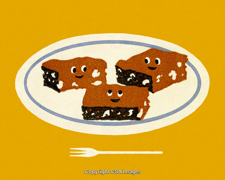 Illustrated Brownies with Smiley Faces on a Plate Over Yellow Background