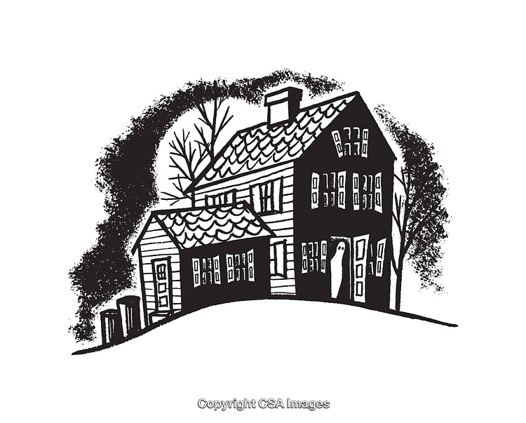 Black And White Line Art Illustration of a Spooky Haunted House