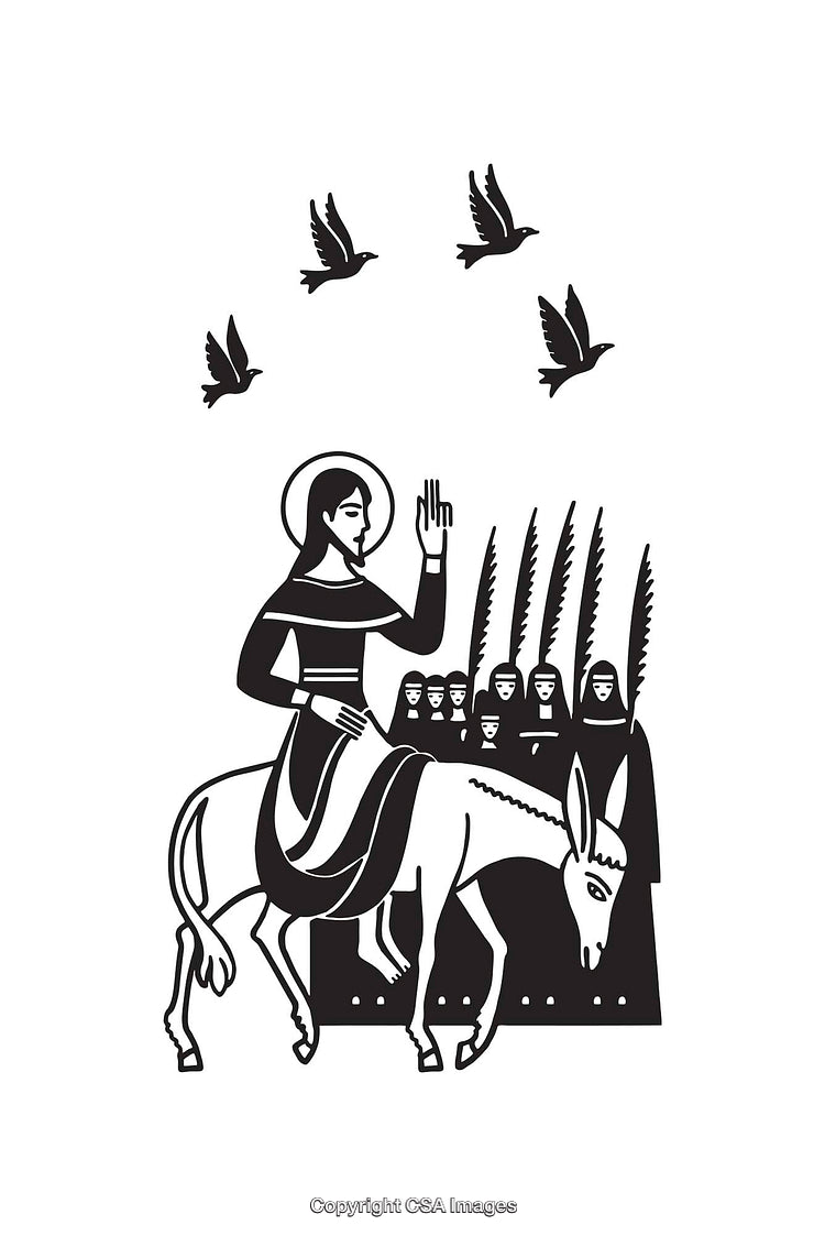 Black and White Religious Line Art Depicting Biblical Scene with Donkey and Palm