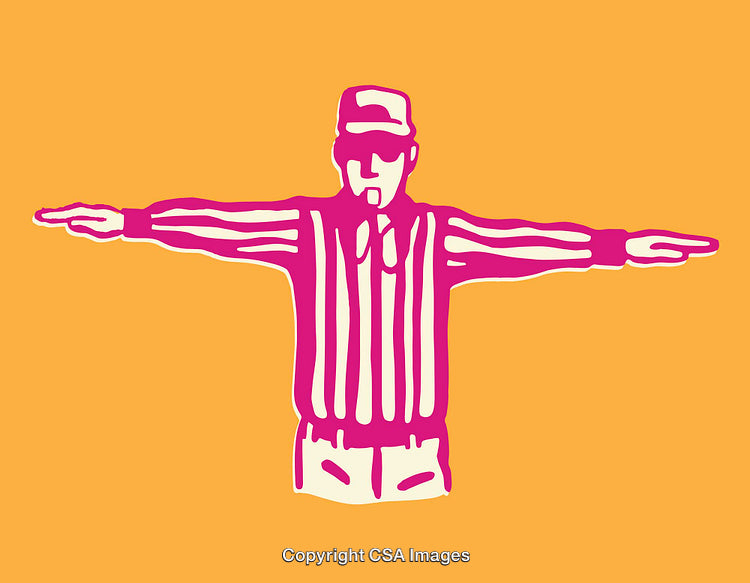 Vibrant Line Art of a Referee Giving Arm Signals on Orange Background