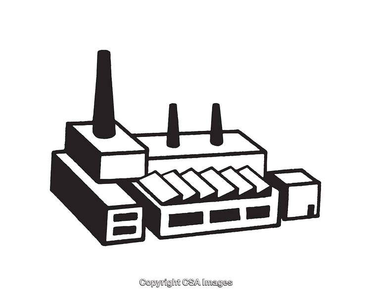Black And White Factory Building Line Art Illustration With Chimneys