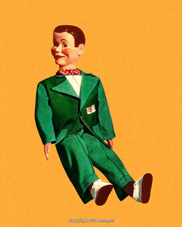 Retro Styled Puppet Figure Wearing Green Suit and Red Bowtie on Yellow Background