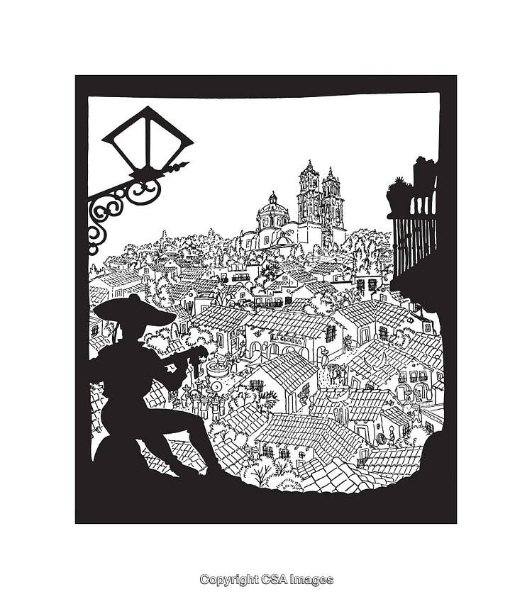 Black and White Illustration of a Cityscape with Intricate Details
