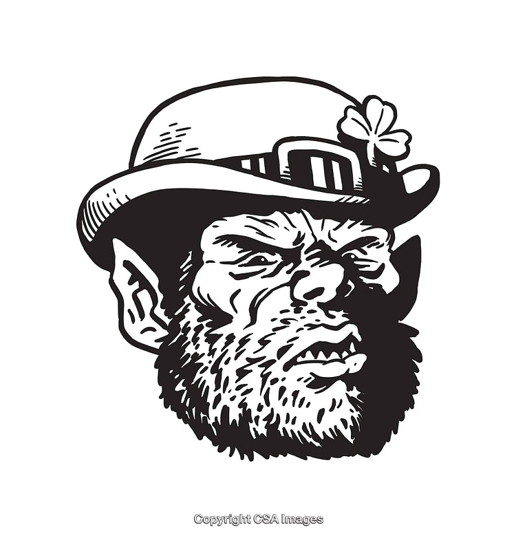 Detailed Black and White Illustration of a Grumpy Leprechaun Face Wearing a Hat
