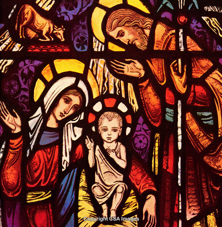 Religious Stained Glass Depicting Nativity Scene with Mary Joseph and Baby Jesus