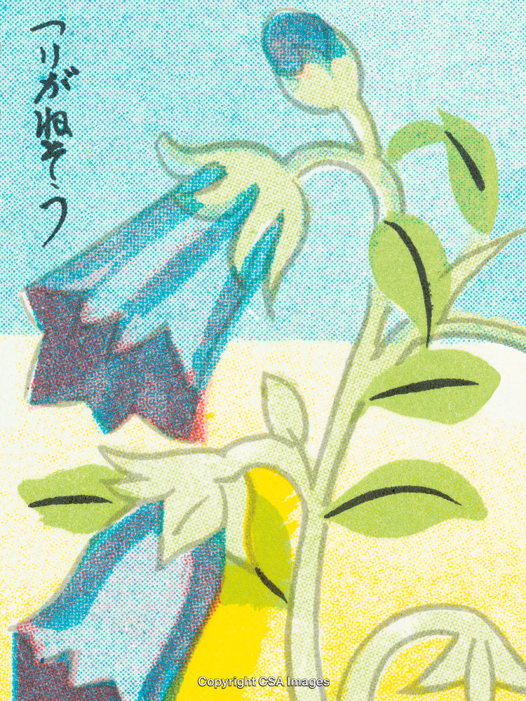 Illustrated Blue Morning Glory Flower with Green Leaves on Artistic Background