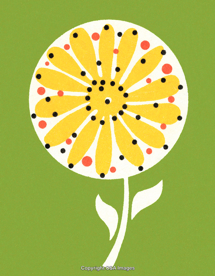 Stylized Yellow Flower Against a Green Background with Artistic Dotted Accents