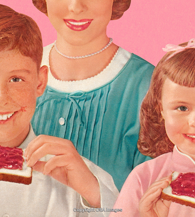 Retro Family Scene with Smiling Faces and Jam Sandwiches on Pink Background