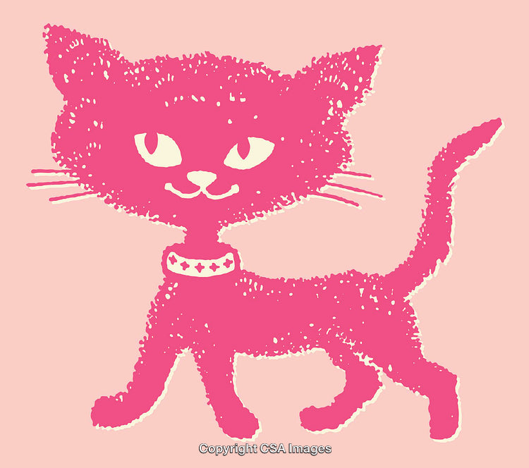 Playful Pink Cat Illustration in Simple Line Art Style on Soft Background