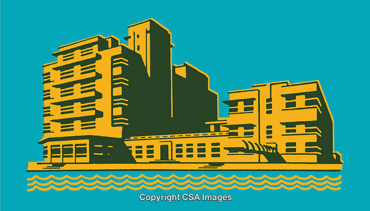 Colorful Line Art of Architectural Building in Stylized Perspective