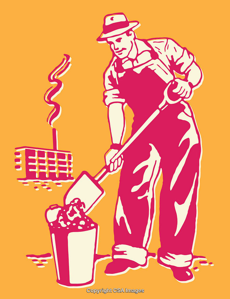 Vintage Worker Shoveling in Industrial Stylized Line Art on Bright Backdrop