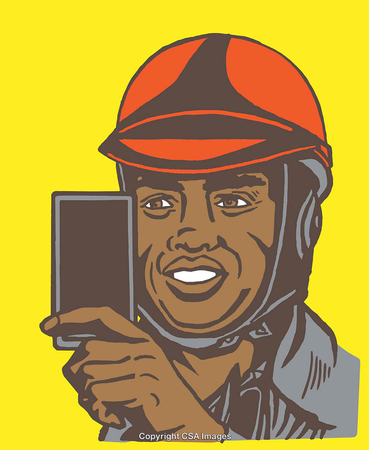 Colorful Line Art Illustration of a Person with Helmet and Smartphone