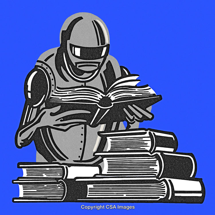 Illustration of a Robot Reading Books Depicting Knowledge and Learning