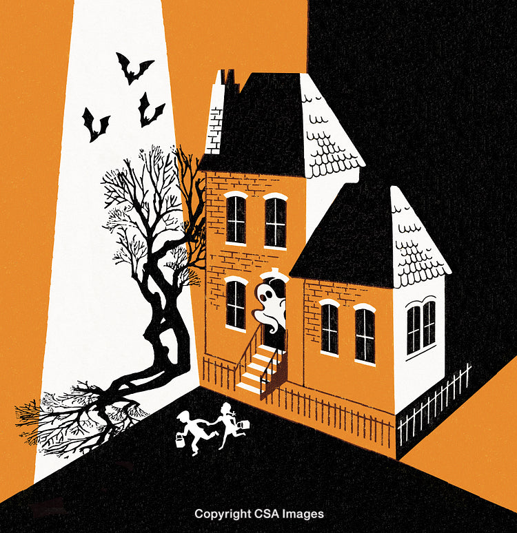 Spooky Haunted House with Ghost and Trick-or-Treaters at Night