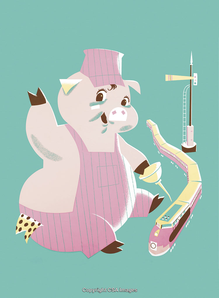 Cheerful Cartoon Pig Dressed as Train Conductor with a Toy Train Scene