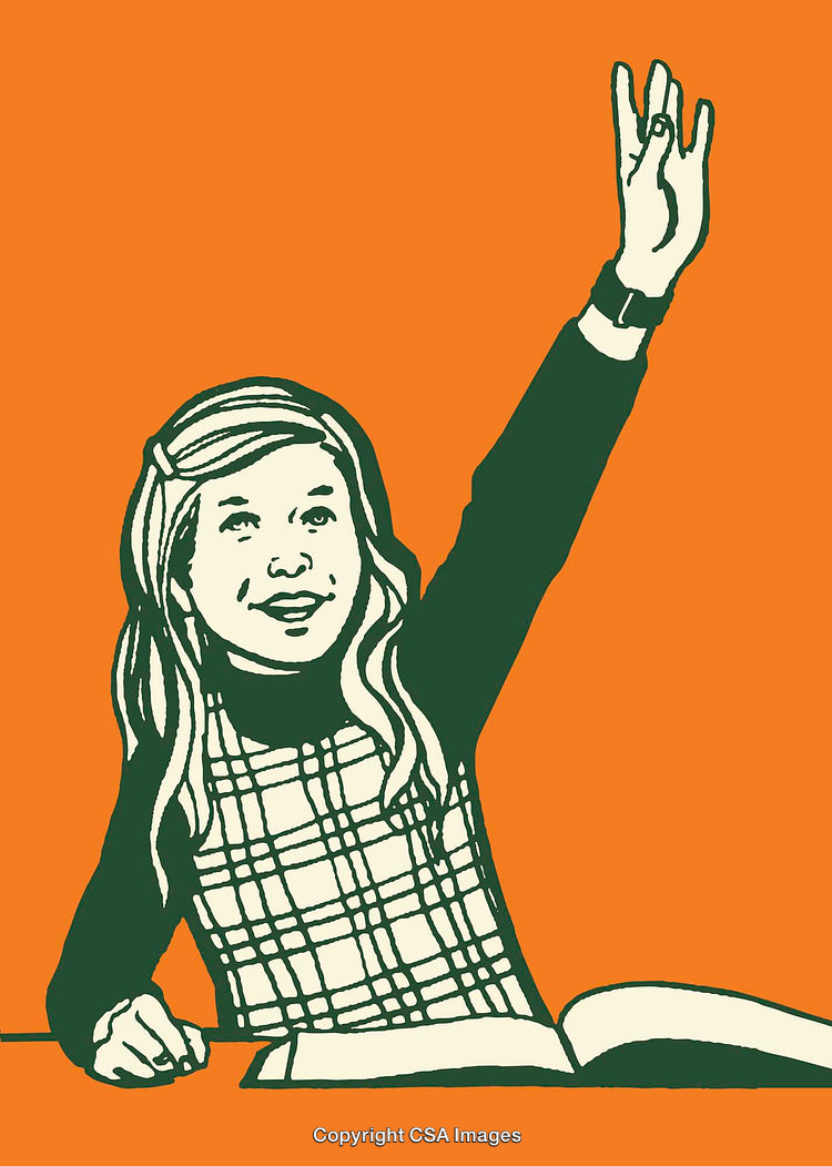 Illustration of Student Enthusiastically Raising Hand in Classroom