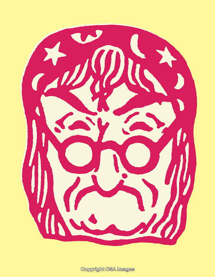 Colorful Line Art Illustration of a Character Face with Glasses and Stars
