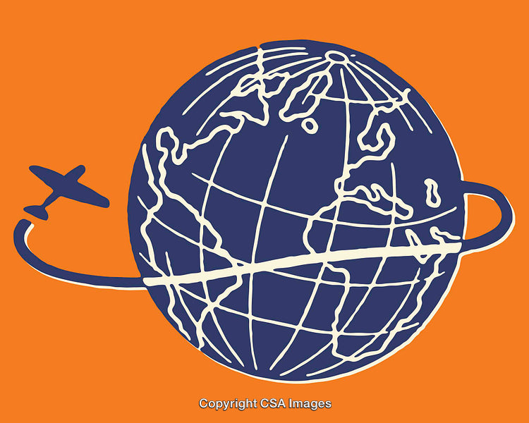 Blue Globe with Airplane Surrounding on Orange Background Artwork