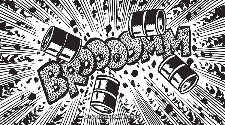 Dynamic Comic Book Style Explosion with Barrels and Bold Effects