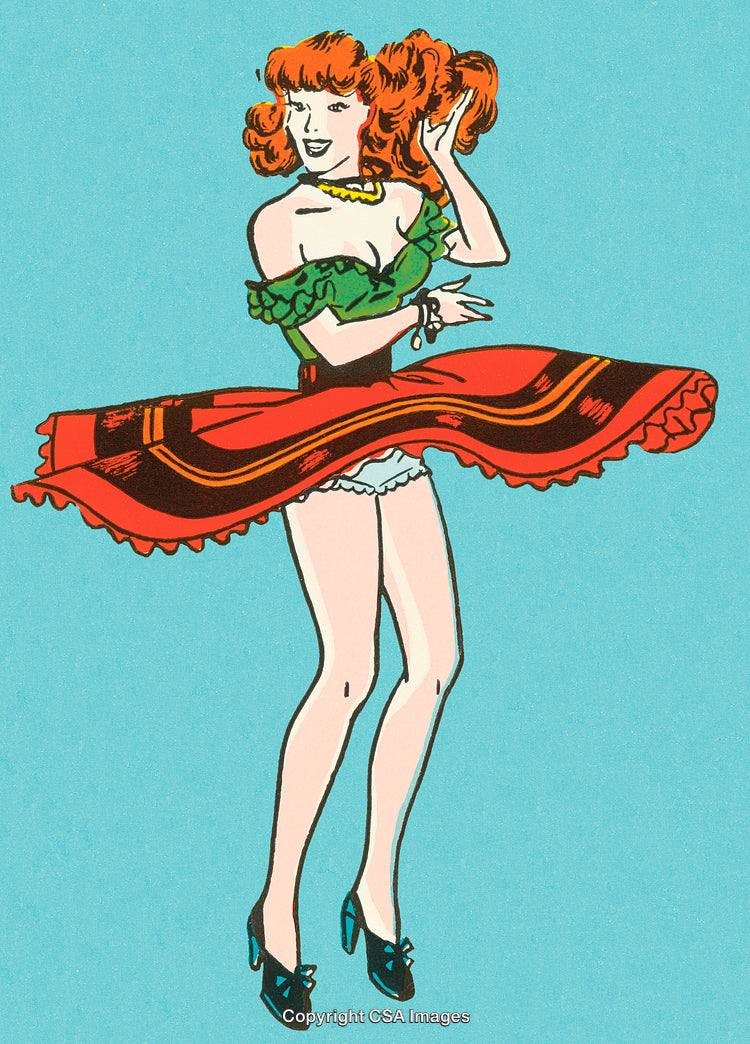 Pin-up Illustration of a Dancing Woman in Retro Attire on Teal Background