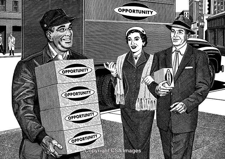 Engraving Depicting Opportunity Delivery in an Urban Business Environment