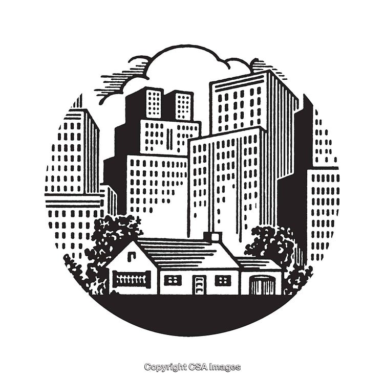 Black and White Line Illustration of Urban and Suburban Scenes