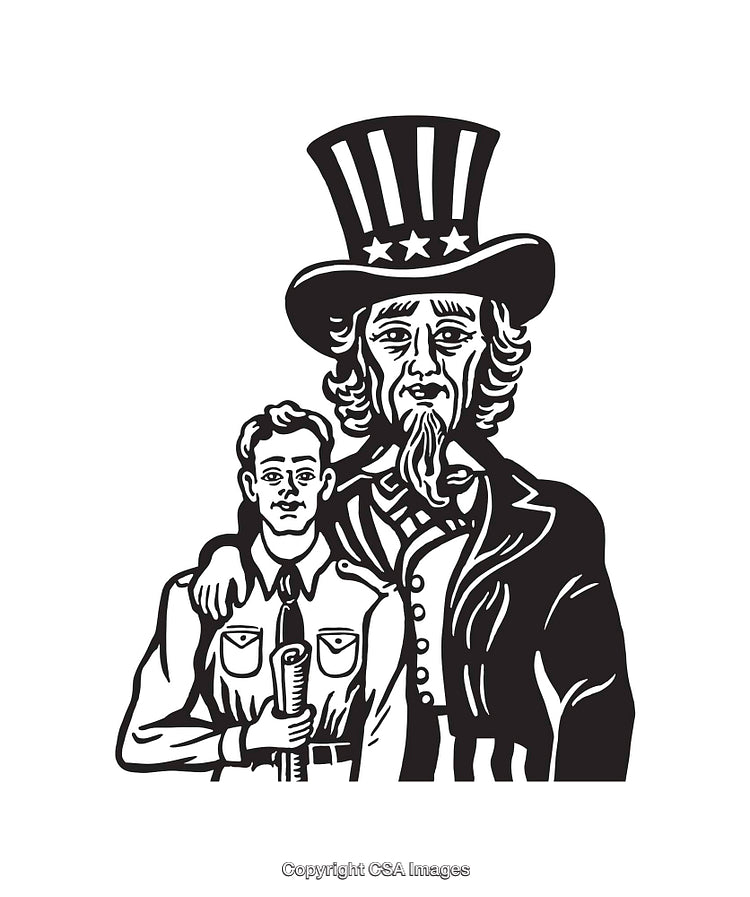 Classic Black and White Patriotic Artwork Depicting Figures in American Imagery