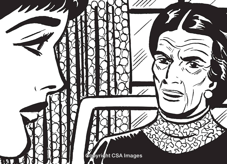 Retro Illustrative Art of Women Conversing in Black and White Line Drawing