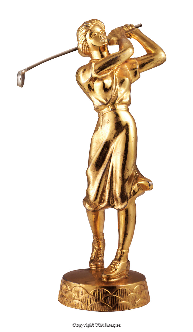 Golden Award Trophy of Woman Holding Golf Club in Action Pose