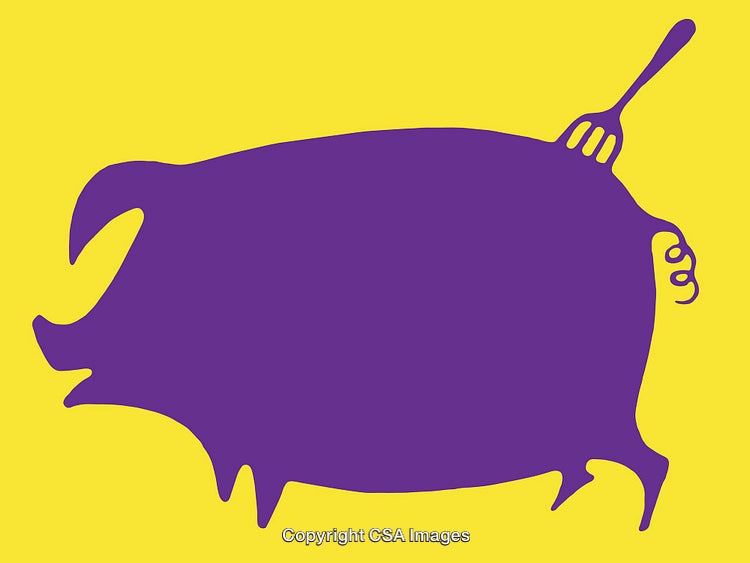 Purple Pig Outline with Fork on a Vibrant Yellow Background