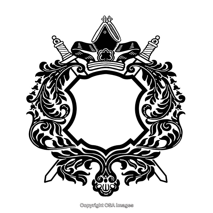 Intricate Black and White Heraldic Border with Decorative Floral Elements