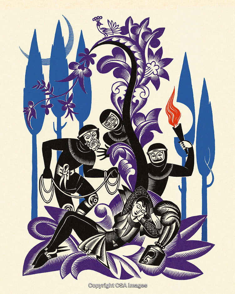 Dramatic Scene of Characters in a Mystical Forest Setting