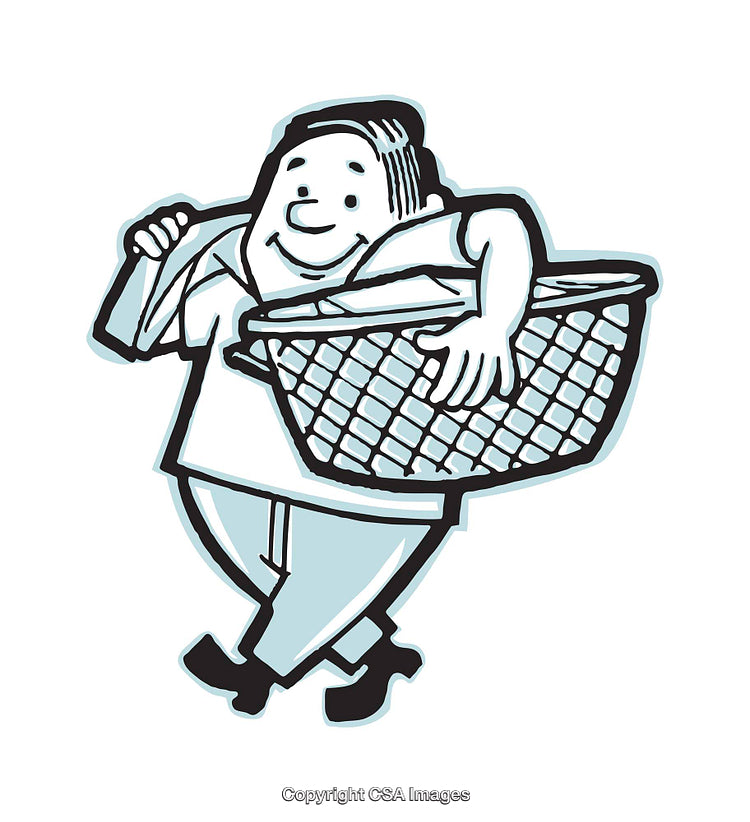 Cheerful Cartoon Character Carrying a Large Shopping Basket