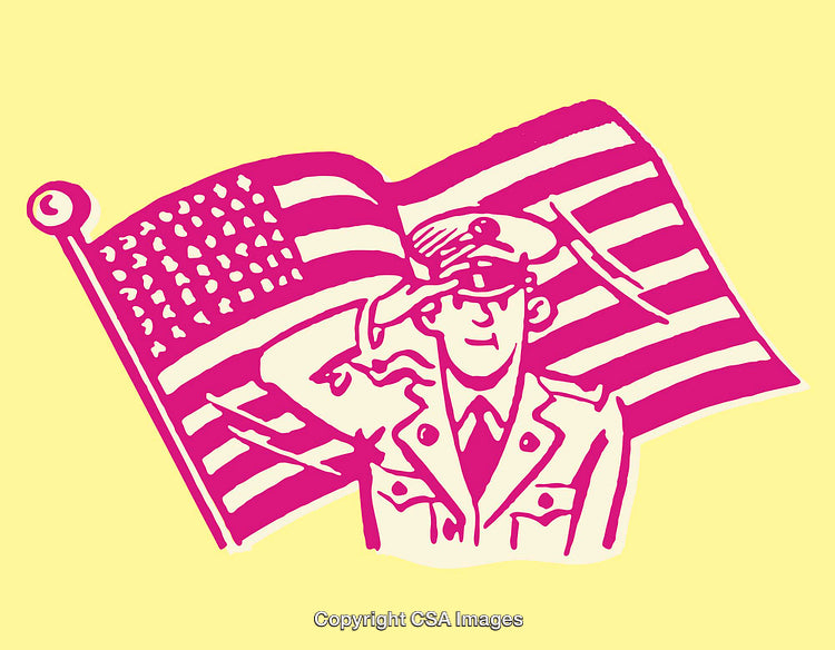 Colorful Line Art of a Soldier With American Flag in the Background
