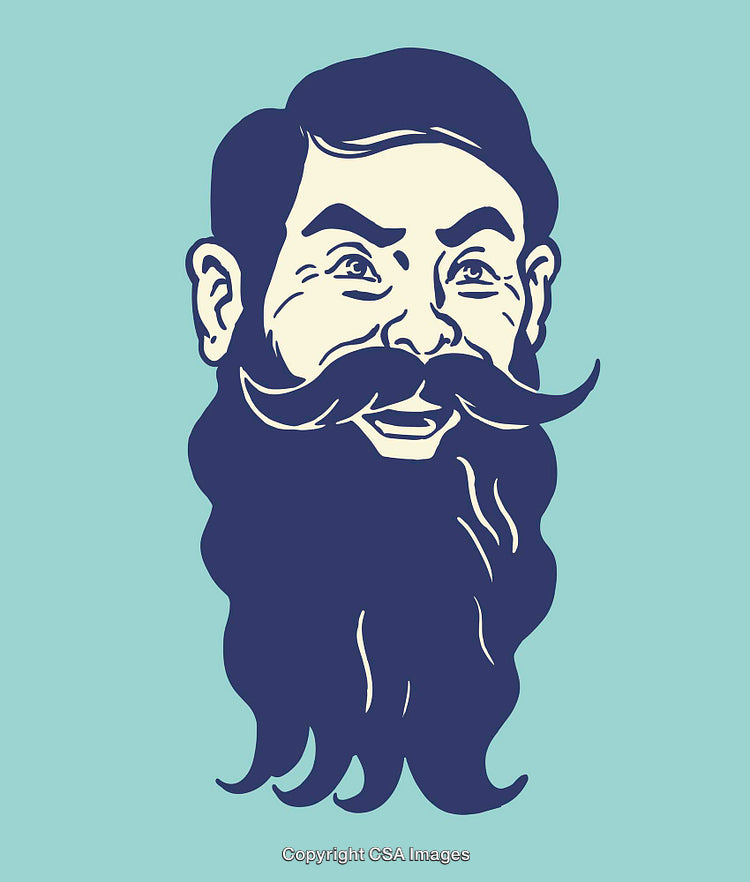 Retro Line Art Illustration of Smiling Bearded Man with Mustache