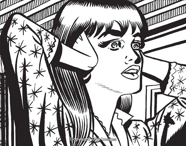 Stylized Comic Illustration of a Woman Expressing Emotions in Monochrome Art Style