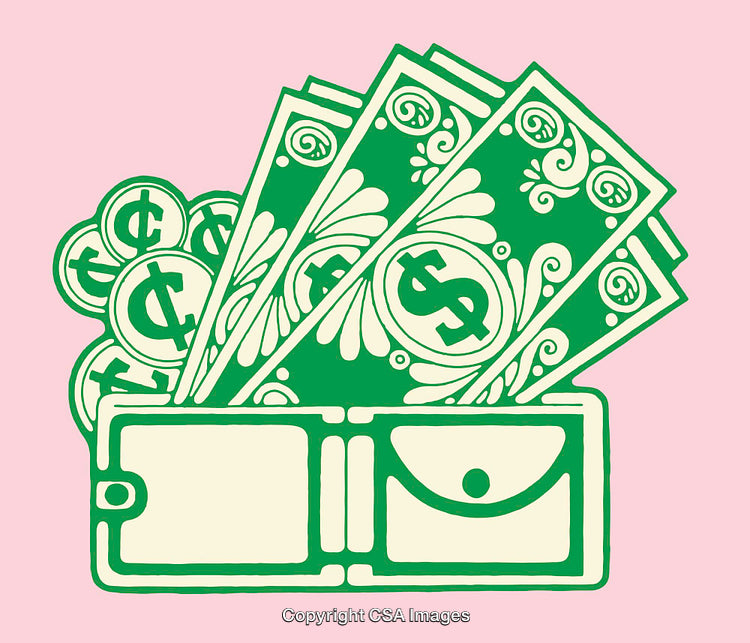Stylized Wallet Illustration Displaying Money and Coins on Pastel Background