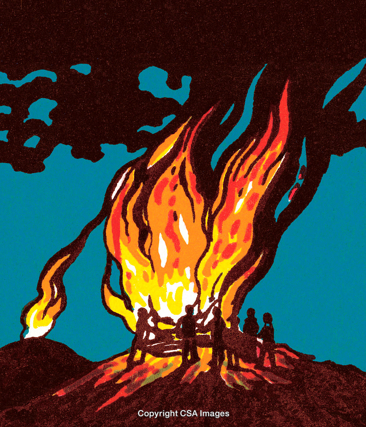 Silhouetted Figures Around a Bonfire at Night with Fiery Flames